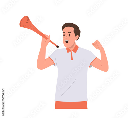 Positive man football fan cartoon character blowing in trumpet cheering for favorite soccer team