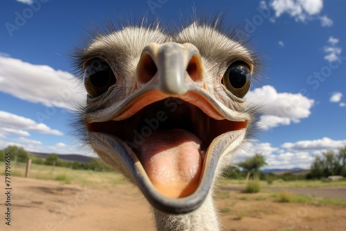 Unexpected Ostrich selfie funny head. Nature eye bird. Generate Ai