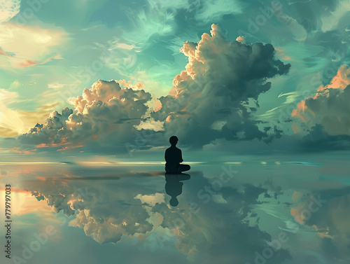 A figure sitting under a sky of thought clouds, depicting a moment of calm reflection and mental relaxation photo