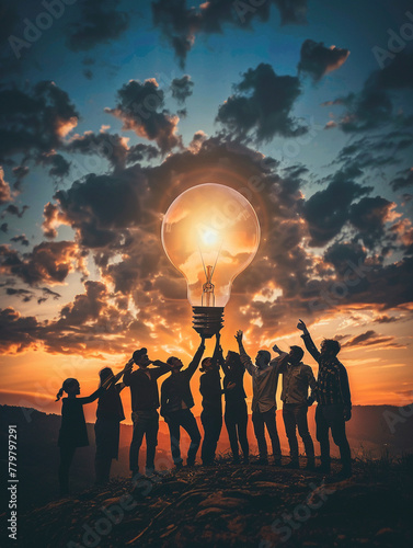 A group of figures collaboratively holding up a giant lightbulb, representing the enlightenment that teamwork brings to achievement