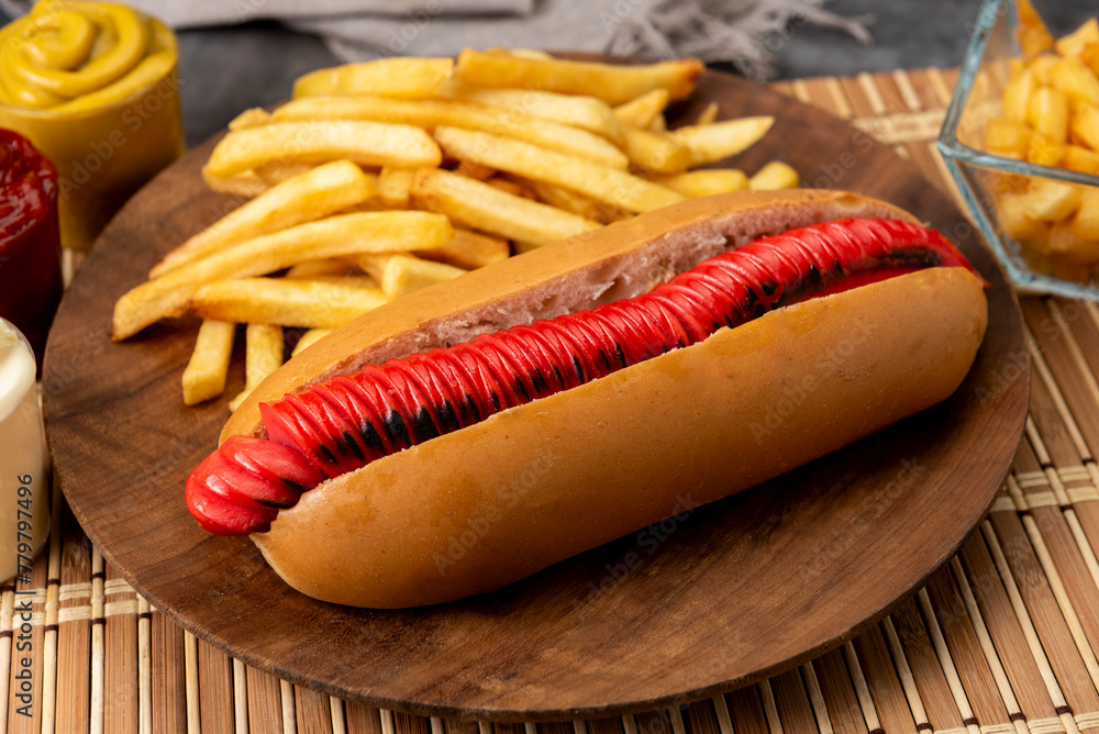 hot dog with large sausages different varieties with dressings mustard mayonnaise ketchup onion bacon cheese cucumbers and French fries hot dog with large sausages different varieties with dressings mustard mayonnaise ketchup onion bacon cheese cucumbers and French fries