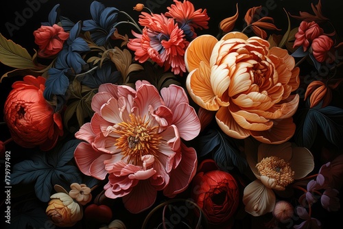 Exquisite Floral Display: Coral, Peach, and Cream Peonies with Deep Red Foliage on Black Background