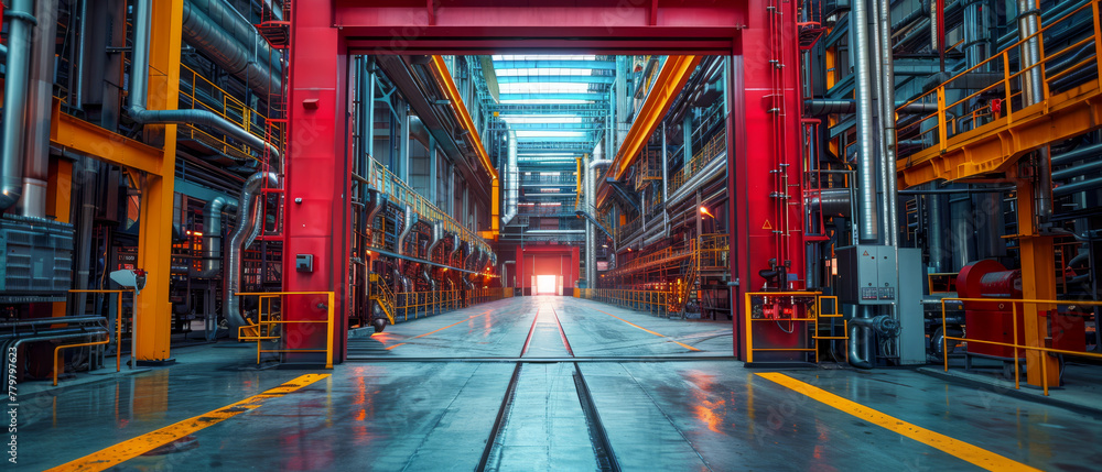 A large industrial building with a red door and yellow pipes A large industrial building with a red door and yellow pipes