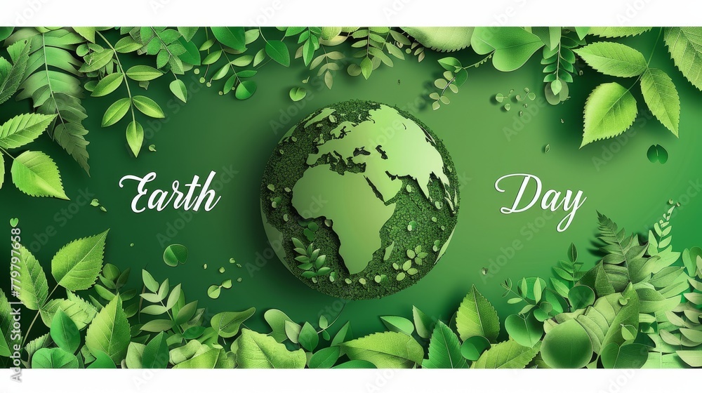 abstract Earth Day background with green leaves and green planet earth with text Earth day , design for poster or greeting card, top view, flat lay