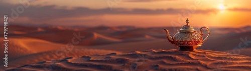 Desert scene, oriental gold teapot on sand, dunes in background, realistic, detailed, sunset light , 8K , high-resolution, ultra HD,up32K HD