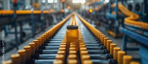 Conveyor belt with bottles on it and yellow bottle in the middle