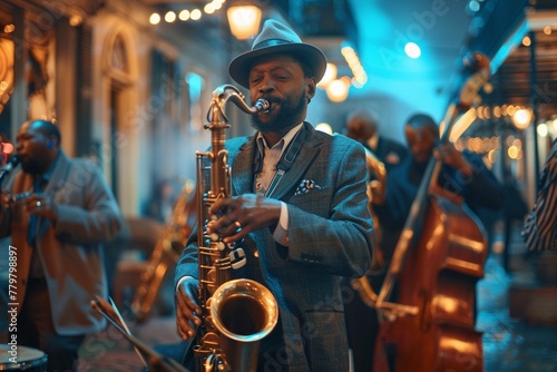 Street jazz band in New Orleans, French Quarter vibe, warm evening glow, detailed realism , 8K , high-resolution, ultra HD,up32K HD
