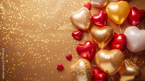 Metallic heart-shaped balloons in red and gold on a glittery background