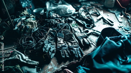 Tools of the trade for illicit activities displayed on a workbench dark and cluttered environment of a hidden garage photo
