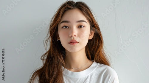 Portrait photo of a model wearing a white t-shirt against a white background with professional lighting in a studio.