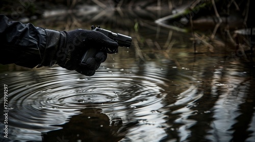 A gloved hand dropping a revolver into a murky river moonlight casting reflections