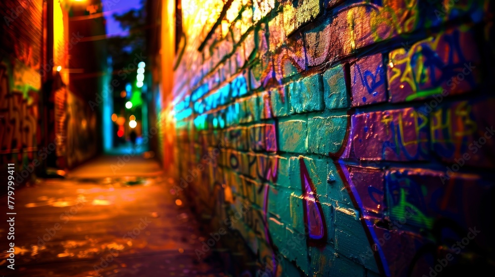 Neon Nights Rain Soaked Graffiti Wall with Mysterious Symbols