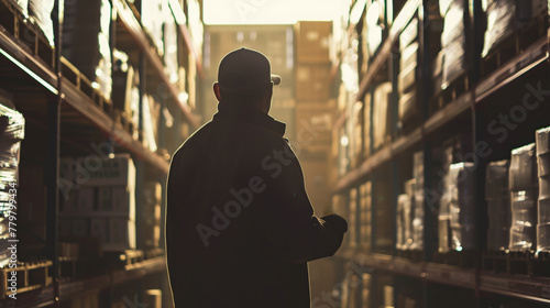 Sneaky dealings in a shipping warehouse, where the shadows hide more than just merchandise. photo