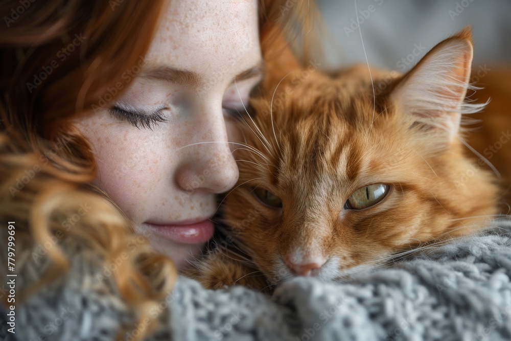 A tender moment as a young woman with red hair gently rests her head on her orange tabby cat A tender moment as a young woman with red hair gently rests her head on her orange tabby cat