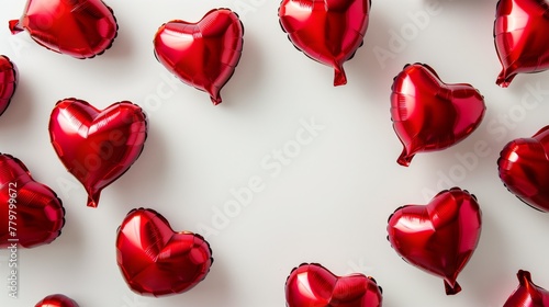 A spread of red heart-shaped balloons on a light background