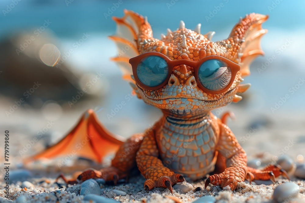 Fantasy cute dragon in sunglasses on summer beach vacation, great design postcard on holiday background. Cartoon dragon