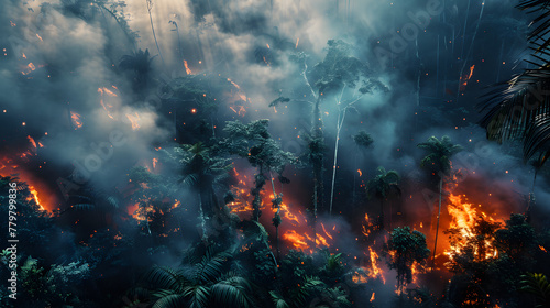 Großer Waldbrand bei Nacht, Regenwald in Flammen, Brandrodung im Regenwald, Starkes Feuer im Wald, Auswirkung auf das Klima   © Marlon