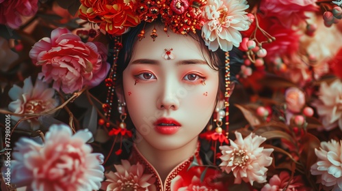 Portrait beautiful chinese girl combined with flowers. © NB arts