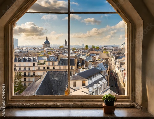 View of a city's rooftops from an attic window. Parisian style