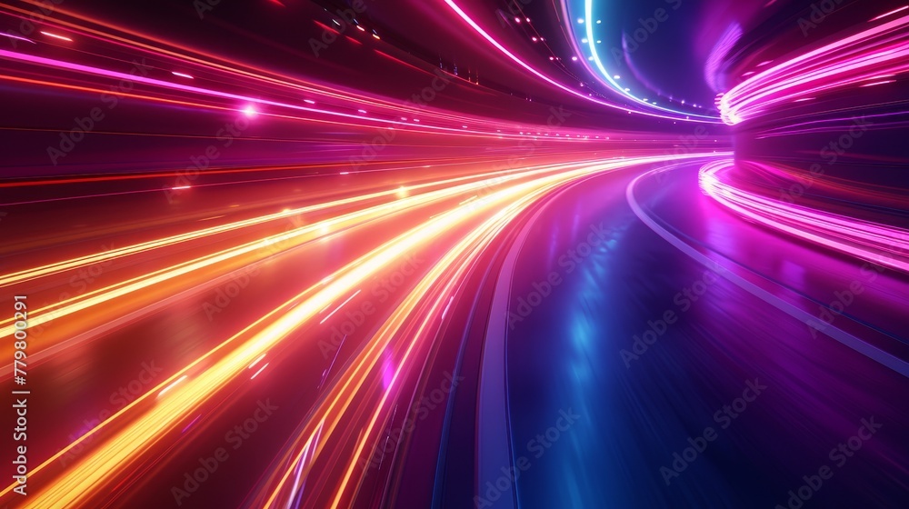 3D render abstract background with neon light lines speed, in the style of neon pink and neon yello