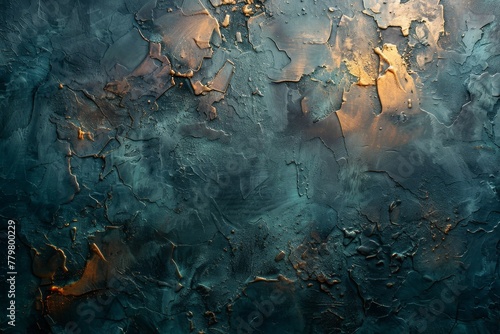 This image features a close-up of a textured painting with a blend of blue and gold colors evoking an artistic vibe