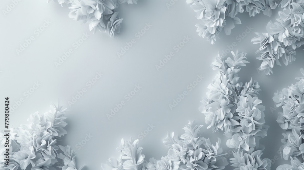 Elegant white floral arrangement on pastel blue background with space for text