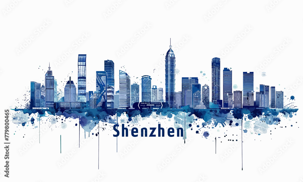 a city skyline painted in blue watercolor on a white background
