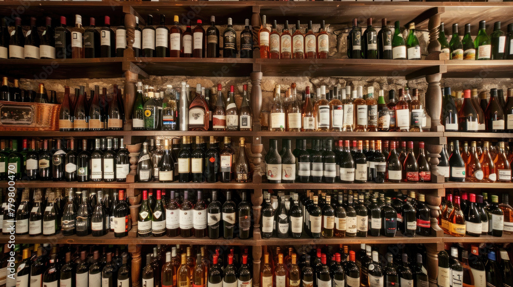 Shelves with rare, expensive, elite wines in an enoteca