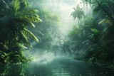 A serene image capturing the lush greenery and mist of a dense tropical rainforest, with sunlight filtering through