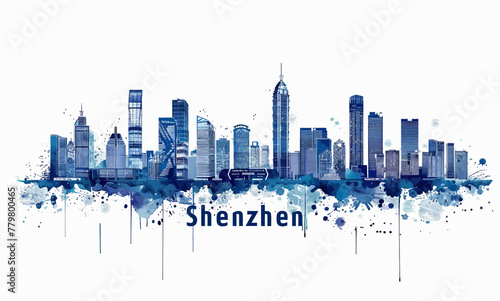 a city skyline painted in blue watercolor on a white background