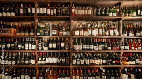 Shelves with rare, expensive, elite wines in an enoteca
