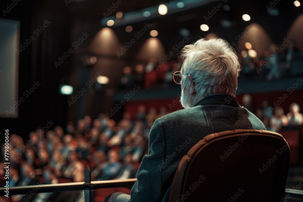 Rear view of a senior man with gray hair sitting and focusing on a presentation at a crowded conference venue. Rear view of a senior man with gray hair sitting and focusing on a presentation at a crowded conference venue.