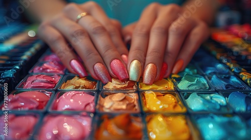 A womans nails are painted in different colors on a paint palette photo