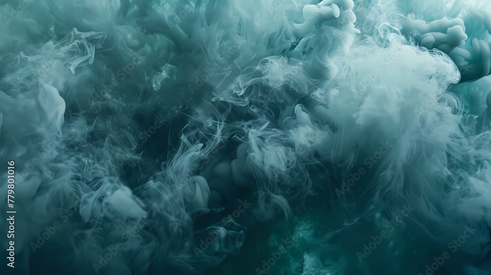 Slate gray smoke forming intricate shapes over a surreal dreamscape of vibrant teal.