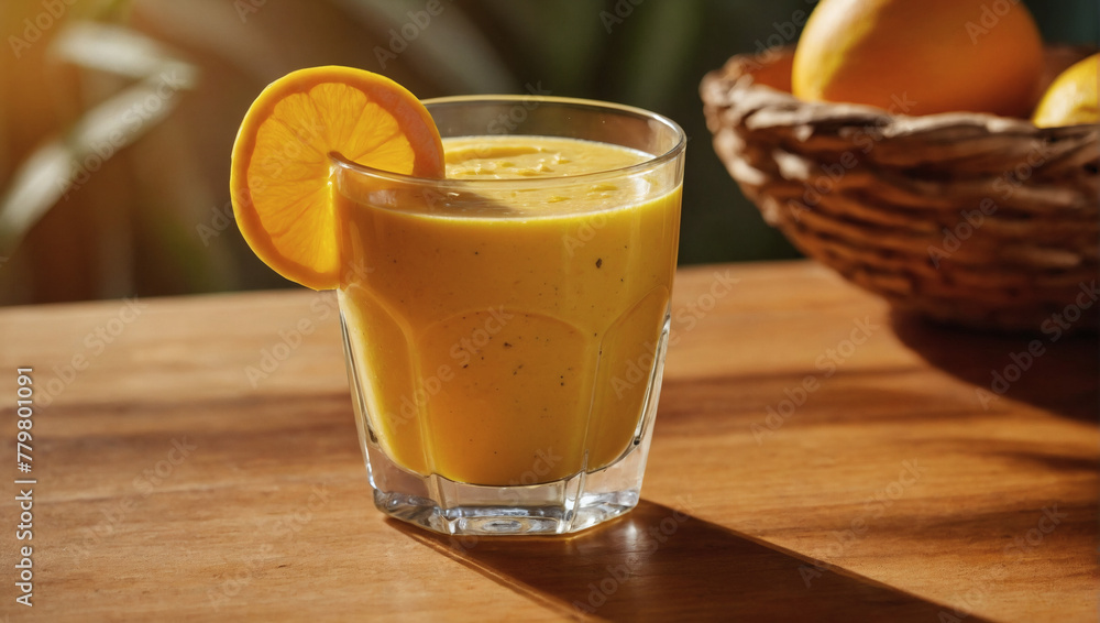 A bright yellow-orange smoothie made with mango, peach, banana, and orange juice, against a sunny orange background. A bright yellow-orange smoothie made with mango, peach, banana, and orange juice, against a sunny orange background.