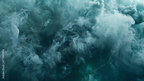 Slate gray smoke forming intricate shapes over a surreal dreamscape of vibrant teal.