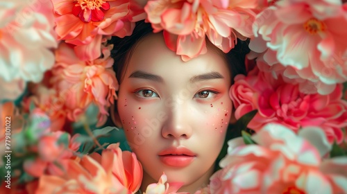 Portrait beautiful chinese Womans combined with flowers.