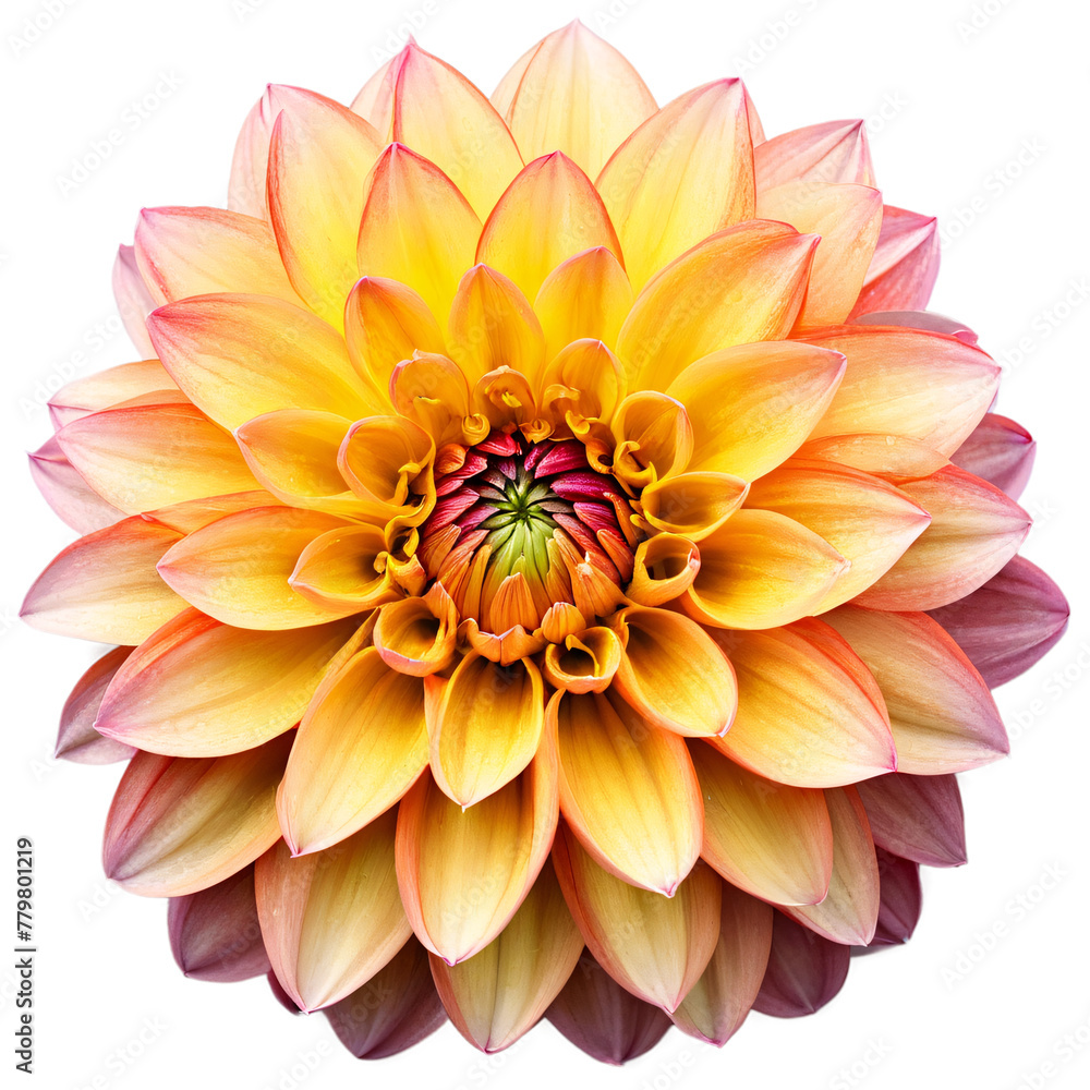 Fototapeta premium Close-up of a stunning yellow and white dahlia flower with detailed petals isolated transparent background