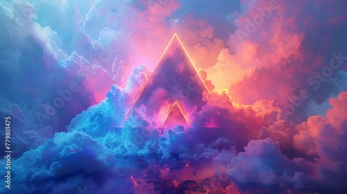 3D render of a colorful cloud with glowing neon, shaped like an alluring pyramid photo