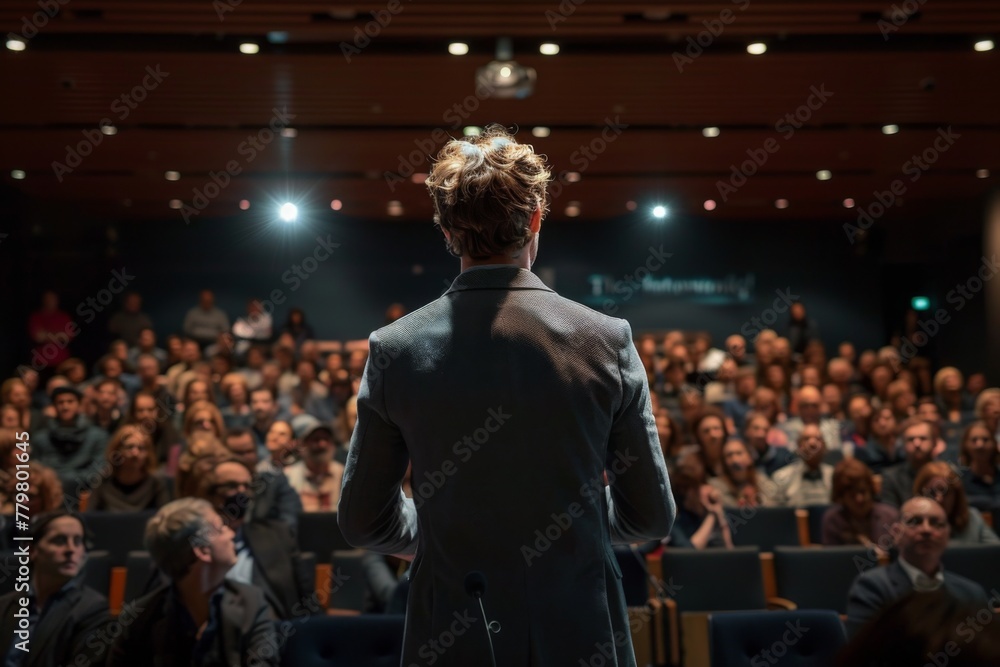 Rear view of a male speaker addressing professionals in a conference hall, representing leadership, education, and corporate events. Rear view of a male speaker addressing professionals in a conference hall, representing leadership, education, and corporate events.