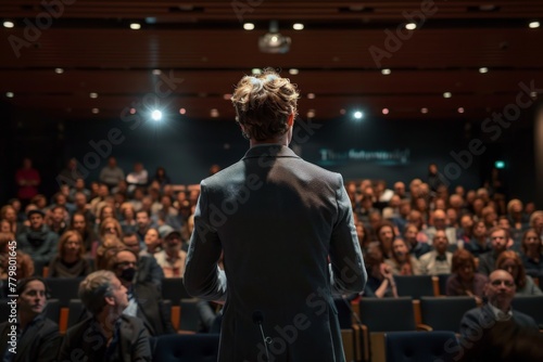 Rear view of a male speaker addressing professionals in a conference hall, representing leadership, education, and corporate events.