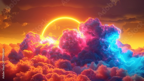 3D render of a colorful cloud with glowing neon, shaped like a sun
