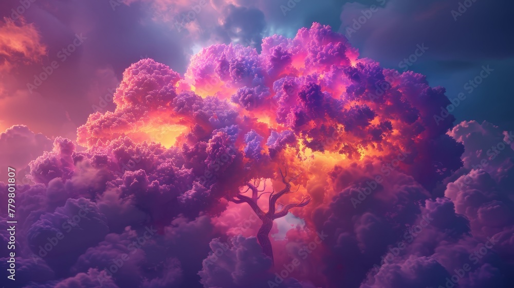 3D render of a colorful cloud with glowing neon, shaped like a tree