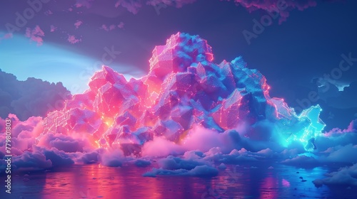 3D render of a colorful cloud with glowing neon  shaped like an intriguing prism