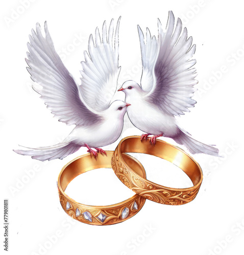 Wedding Marriage Rings watercolor illustration with birds and doves
