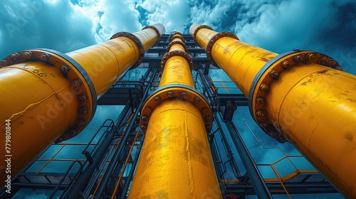 Industrial symmetry: Yellow pipelines and valves under a serene sky