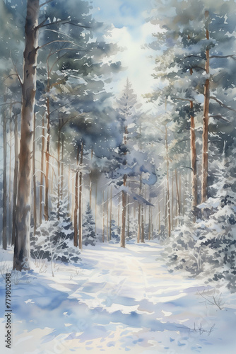 Watercolor painting of a large forest full of tall trees.