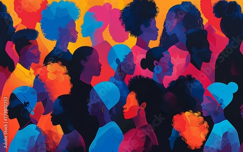 Vibrant and colorful illustration of diverse people from various ethnicities,DEI theme strategy.