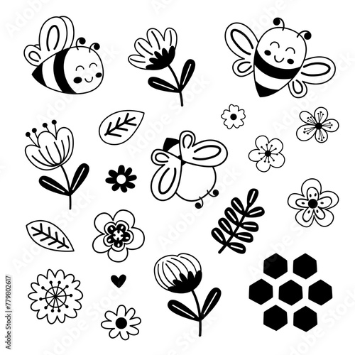 set isolated with cute outline bees, flowers © nataka