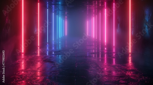 3D render of glowing neon on black background, in the style of vibrant red and cyan